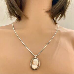 Antique Genuine Shell Cameo - Sterling Brooch Pendant w/ 24-inch Snake Chain